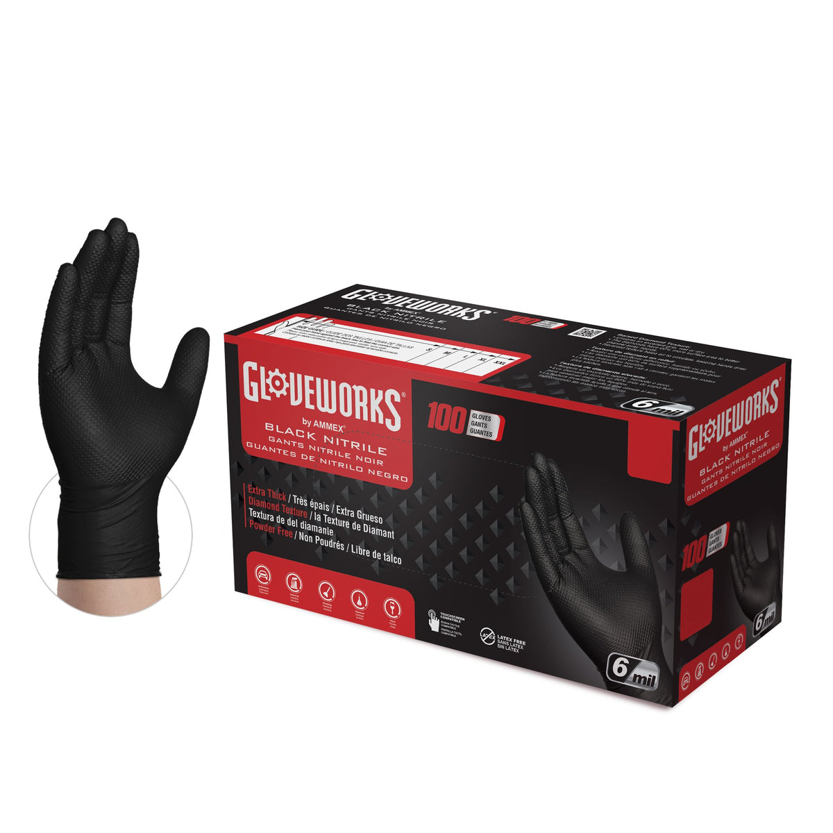 GLOVEWORKS HD 6-Mil Black Industrial Nitrile Raised Diamond Gloves