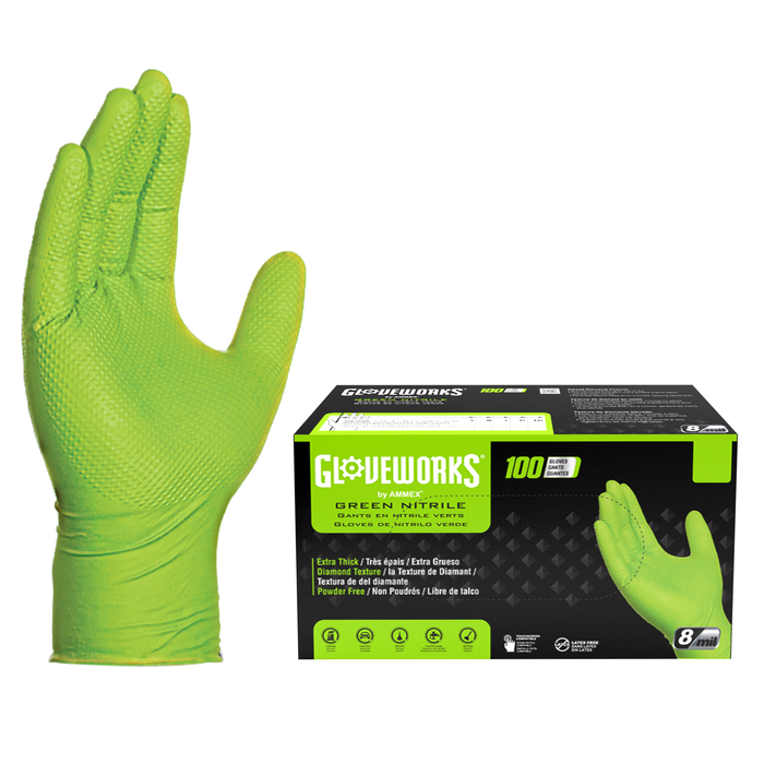 Gloveworks HD 8 mil. Green Nitrile Disposable Industrial Gloves with Raised Diamond Texture - GWGN