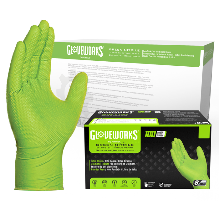 Gloveworks HD 8 mil. Green Nitrile Disposable Industrial Gloves with Raised Diamond Texture - GWGN