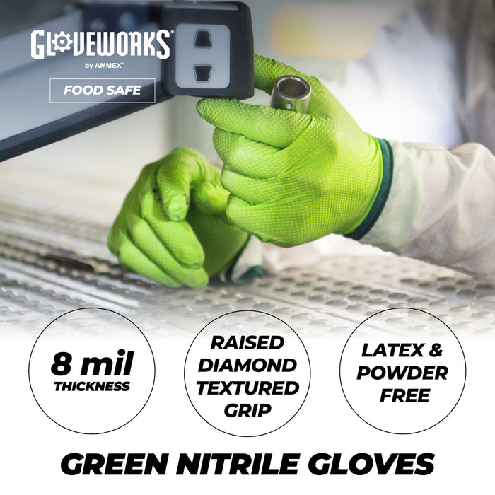GLOVEWORKS HD Green Nitrile Gloves, 8 mil Nitrile Gloves Medium-XXL Sizes, Nitrile Disposable Gloves with Raised Diamond Grip