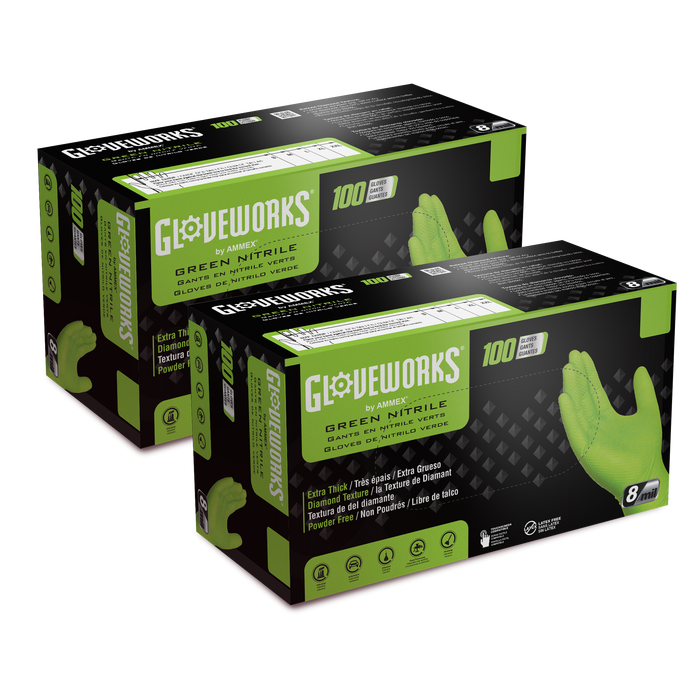 GLOVEWORKS HD Green Nitrile Gloves, 8 mil Nitrile Gloves Medium-XXL Sizes, Nitrile Disposable Gloves with Raised Diamond Grip