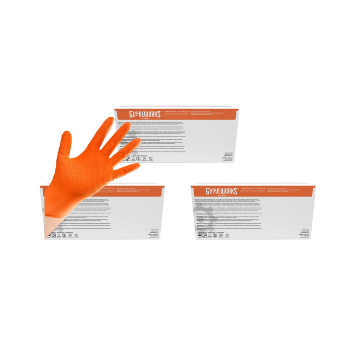 GLOVEWORKS Orange Nitrile Gloves with Rasied Diamond Texture, Powder Free, Industrial Grade, 8 mil - GWON, Bulk Case Options
