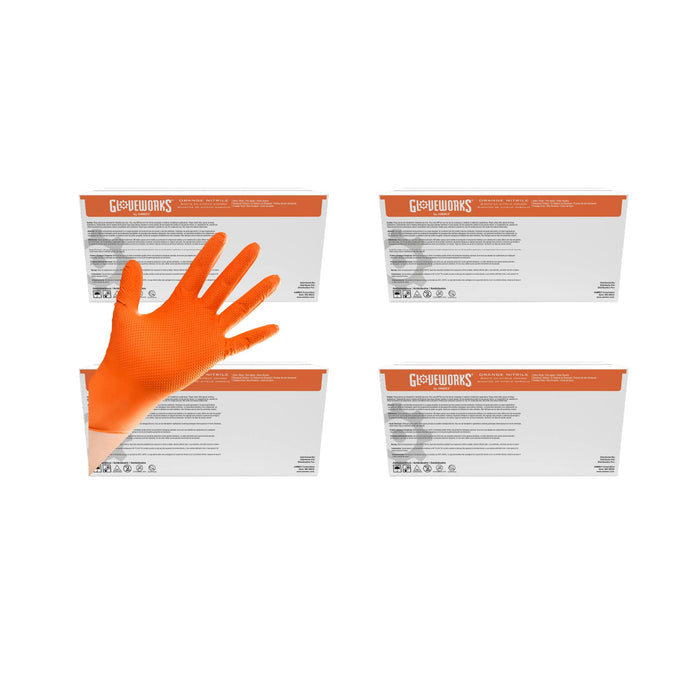GLOVEWORKS Orange Nitrile Gloves with Rasied Diamond Texture, Powder Free, Industrial Grade, 8 mil - GWON, Bulk Case Options