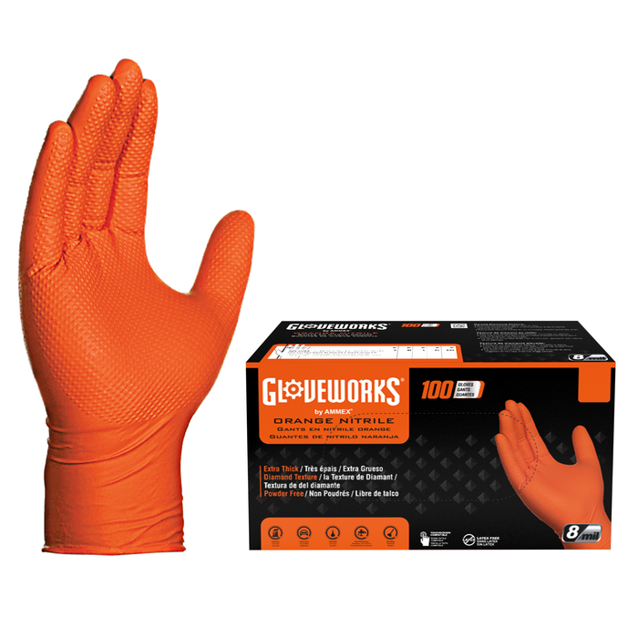 Gloveworks HD 8 mil. Orange Nitrile Disposable Industrial Gloves with Raised Diamond Texture - GWON