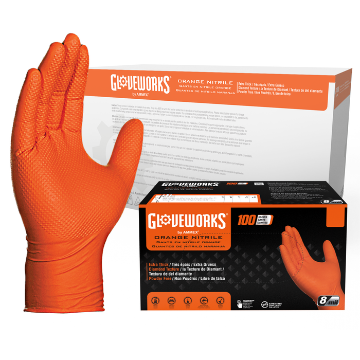 Gloveworks HD 8 mil. Orange Nitrile Disposable Industrial Gloves with Raised Diamond Texture - GWON