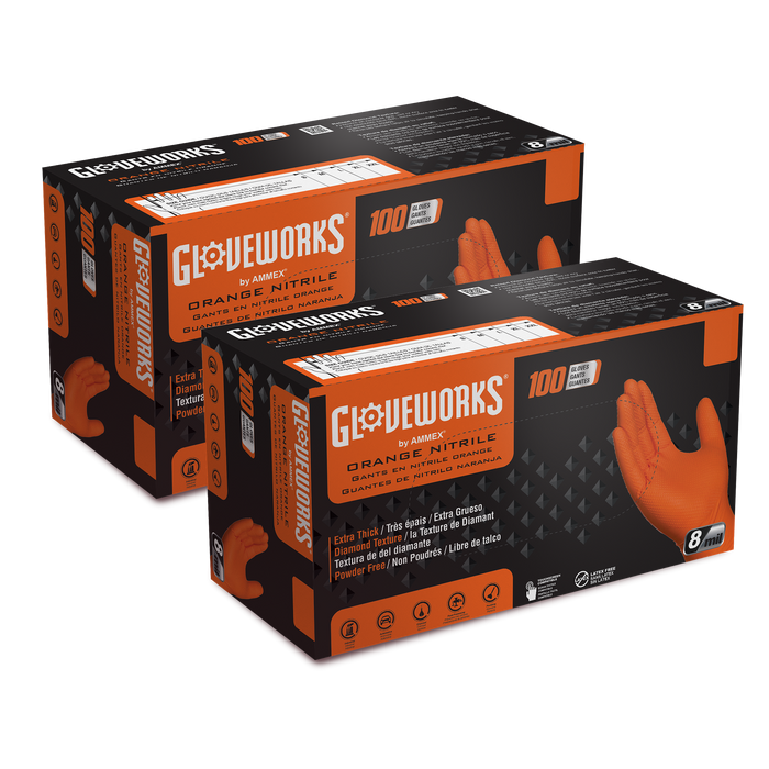 Gloveworks HD 8 mil. Orange Nitrile Disposable Industrial Gloves with Raised Diamond Texture - Pack of 200, GWON