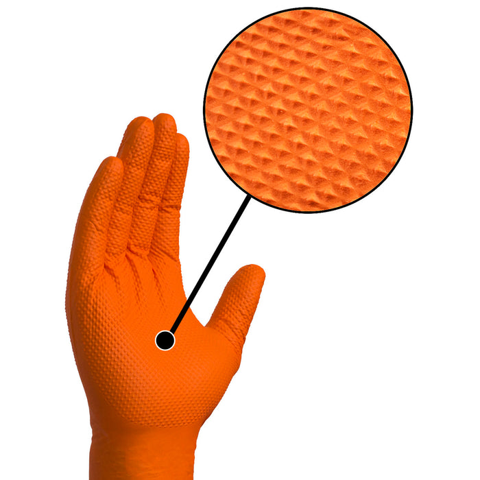 Gloveworks HD 8 mil. Orange Nitrile Disposable Industrial Gloves with Raised Diamond Texture - GWON