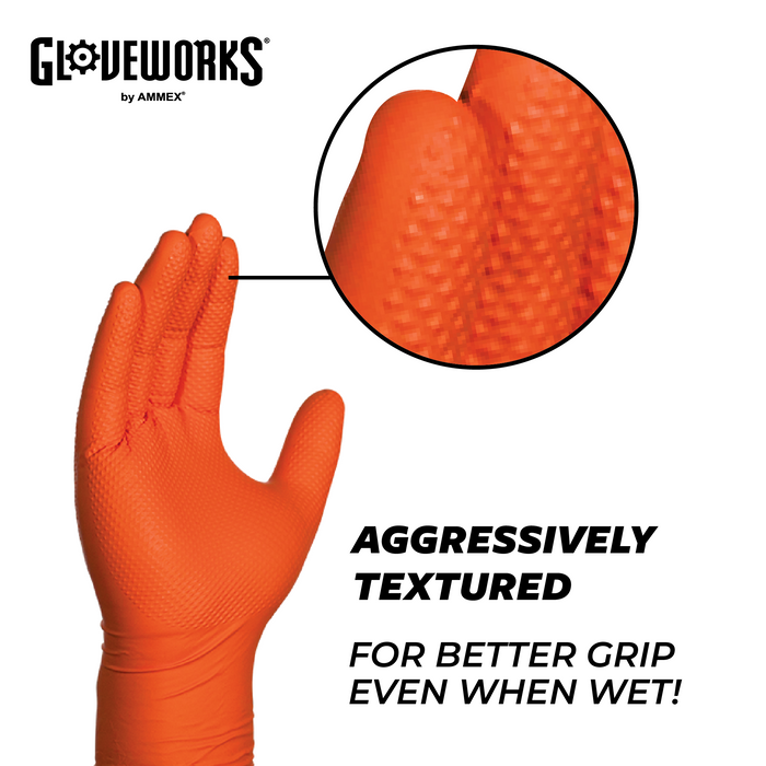 Gloveworks HD 8 mil. Orange Nitrile Disposable Industrial Gloves with Raised Diamond Texture, Pack of 500, GWON