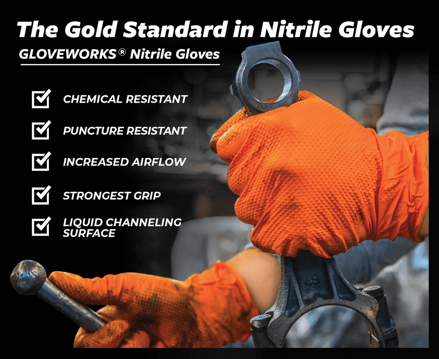 Gloveworks HD 8 mil. Orange Nitrile Disposable Industrial Gloves with Raised Diamond Texture - GWON (2-Pack)