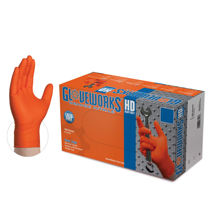 Gloveworks HD 8 mil Orange Nitrile Disposable Industrial Gloves with Raised Diamond Texture (European Packaging) - GWOR