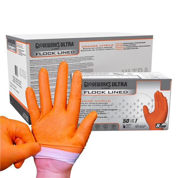 GLOVEWORKS Industrial Orange Disposable Gloves, Flock-Lined Nitrile Gloves, Raised Diamond Texture