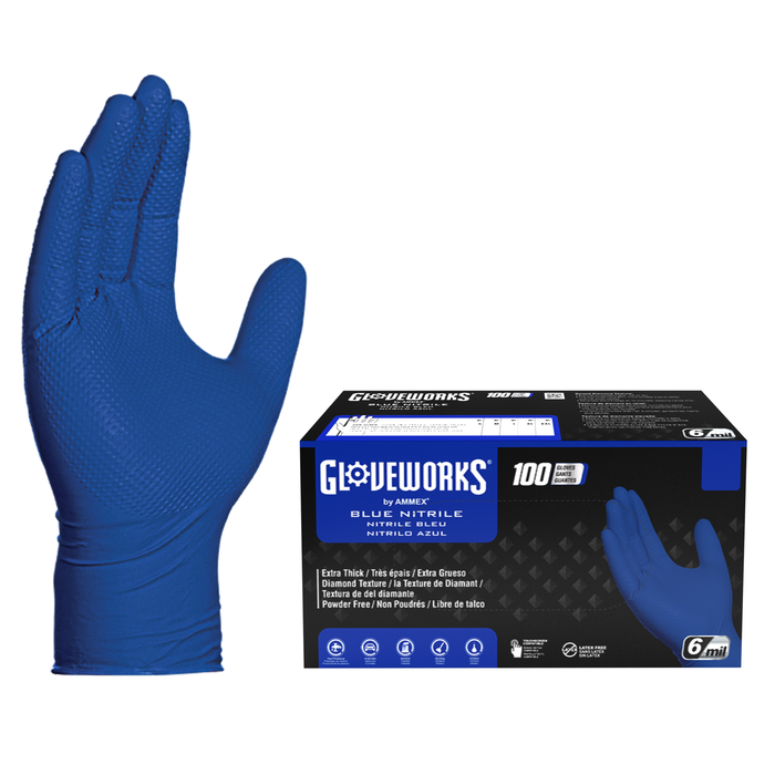 Gloveworks HD 6 mil. Royal Blue Nitrile Disposable Industrial Gloves with Raised Diamond Texture - GWRBN