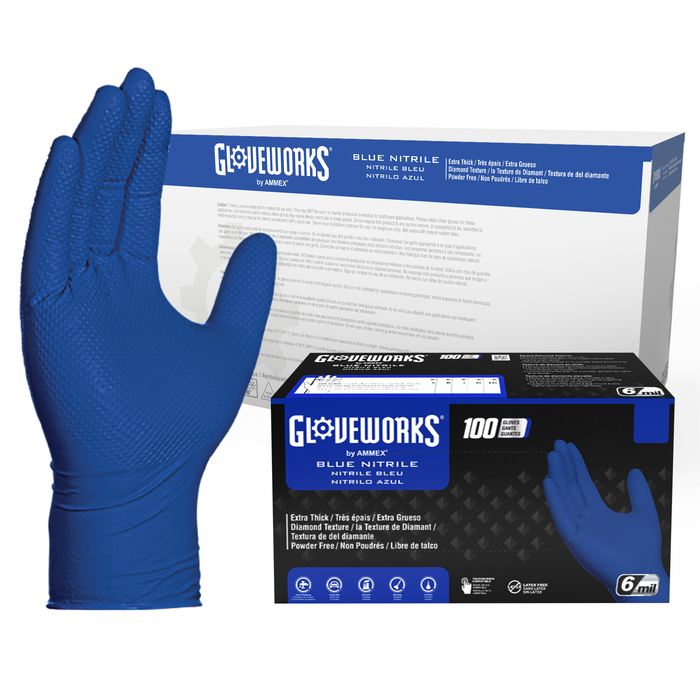 Gloveworks HD 6 mil. Royal Blue Nitrile Disposable Industrial Gloves with Raised Diamond Texture - GWRBN