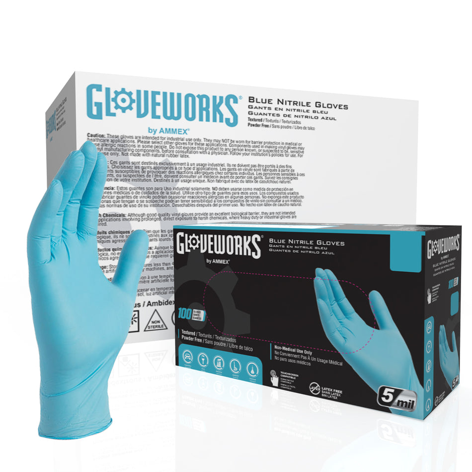 Gloveworks 5 mil. Blue Nitrile Disposable Industrial Gloves - INPF