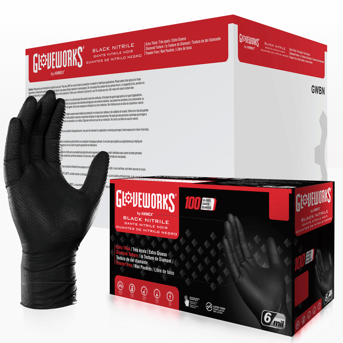 Gloveworks HD 6 mil Black Nitrile Disposable Industrial Gloves with Raised Diamond Texture - Sample Pack - GWBN