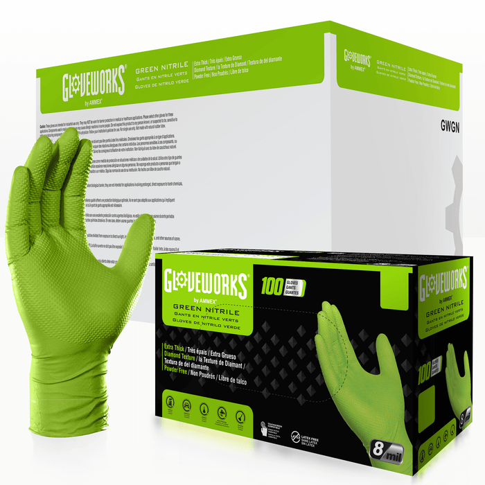 Gloveworks HD 8 mil. Green Nitrile Disposable Industrial Gloves with Raised Diamond Texture - GWGN