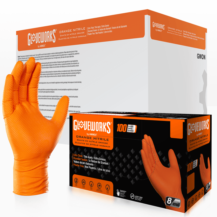 GLOVEWORKS HD 8-Mil Orange Nitrile Disposable Gloves, Latex Free GLOVEWORKS HD 8-Mil Orange Nitrile Disposable Gloves, Latex Free