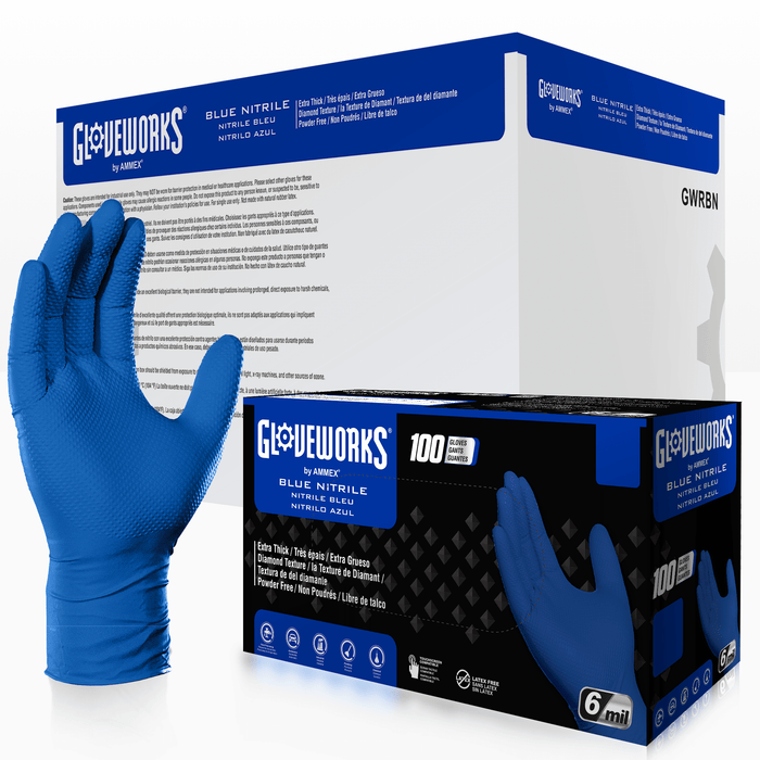 Gloveworks HD 6 mil. Royal Blue Nitrile Disposable Industrial Gloves with Raised Diamond Texture - GWRBN (2-Pack)
