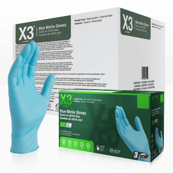 X3 3-Mil Blue Industrial Nitrile Disposable Gloves, Latex Free