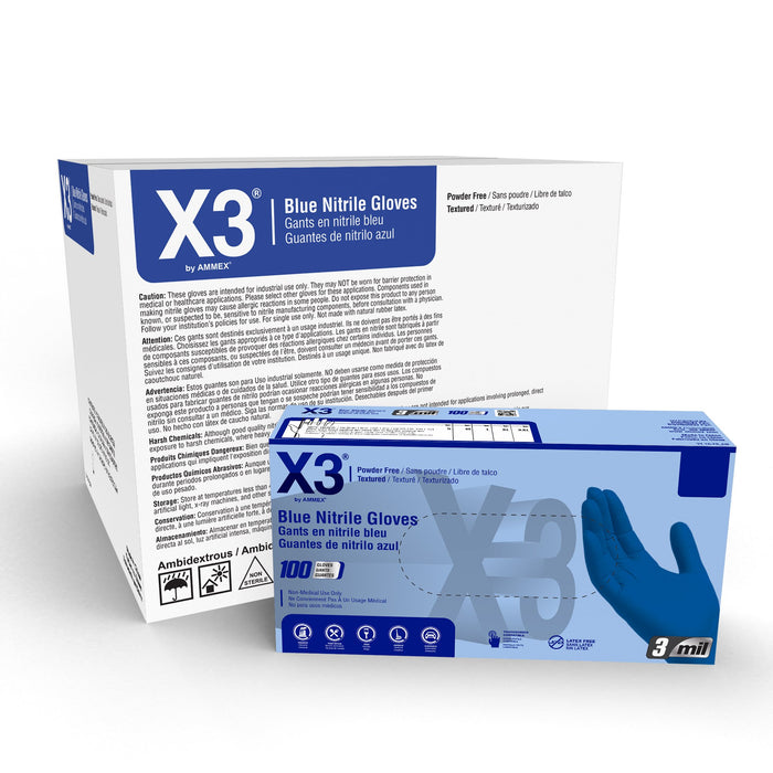 X3 Industrial Blue Nitrile Gloves, 3 Mil, Latex Free, Powder Free, Textured, Disposable, Non-Sterile, Food Safe - NX3