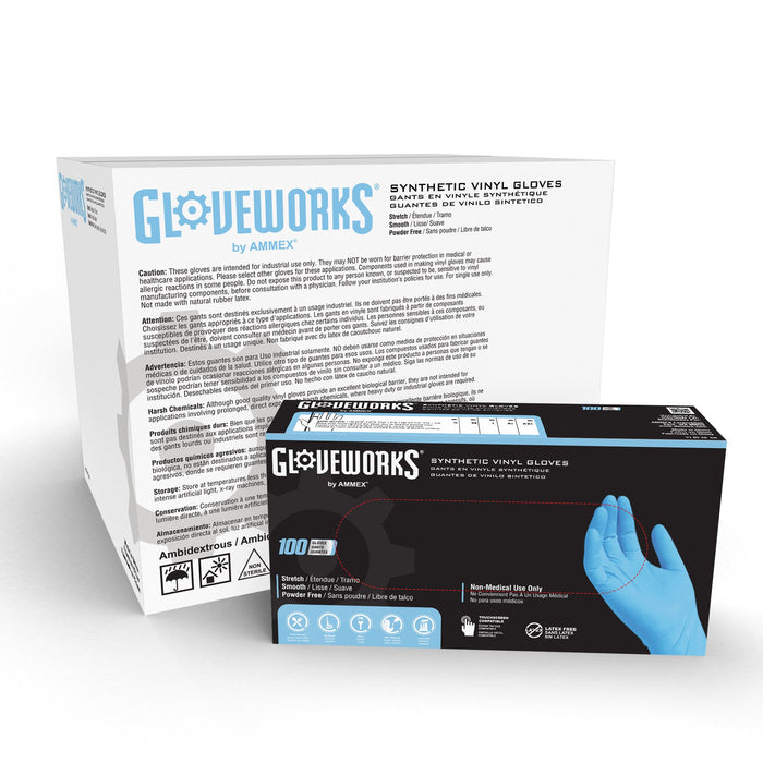 Gloveworks Blue Synthetic Vinyl Industrial Gloves, 3 Mil, Latex Free, Powder Free, Non-Sterile, Food Safe - QIV