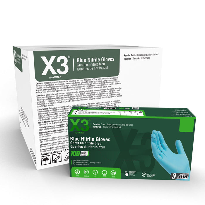 X3 3 mil. Blue Nitrile Disposable Industrial Gloves, - X3