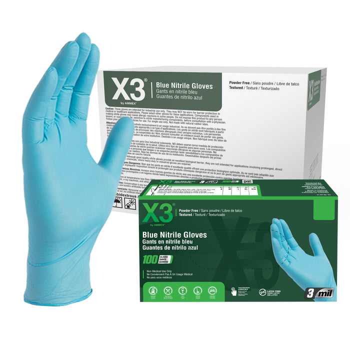 X3 3 mil. Blue Nitrile Disposable Industrial Gloves, - X3