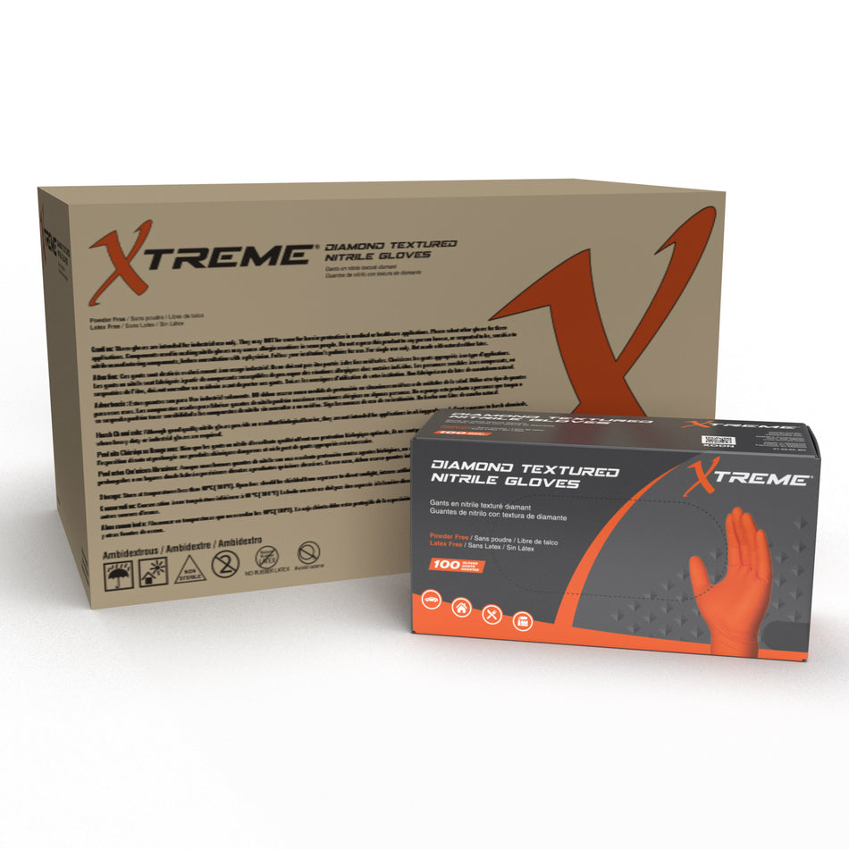 Xtreme Orange Nitrile Gloves with Diamond Texture, Powder Free, Industrial Grade - XODN