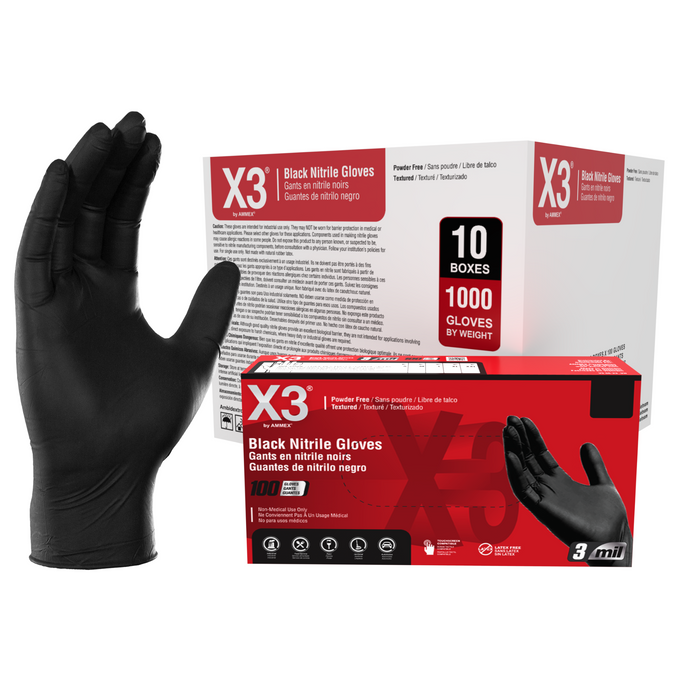 X3 3 mil. Black Nitrile Disposable Industrial Gloves - BX3