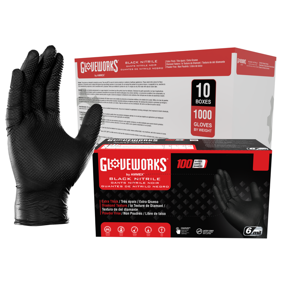 Gloveworks HD 6 mil. Black Nitrile Disposable Industrial Gloves with Raised Diamond Texture - GWBN