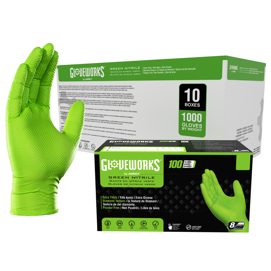 Gloveworks HD 8 mil. Green Nitrile Disposable Industrial Gloves with Raised Diamond Texture - GWGN