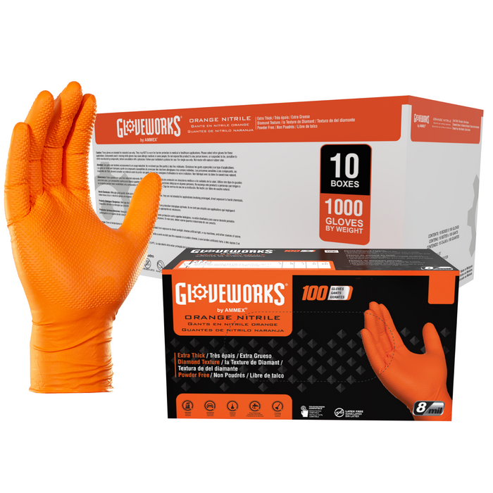 Gloveworks HD 8 mil. Orange Nitrile Disposable Industrial Gloves with Raised Diamond Texture - GWON