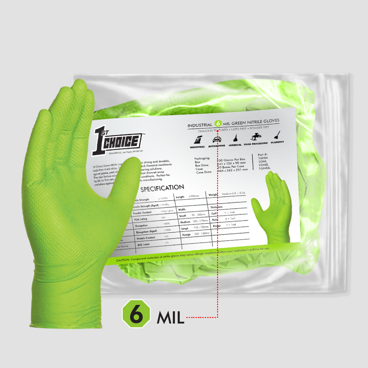 1st Choice Industrial 6 Mil Premium Green Nitrile Raised Diamond Textu