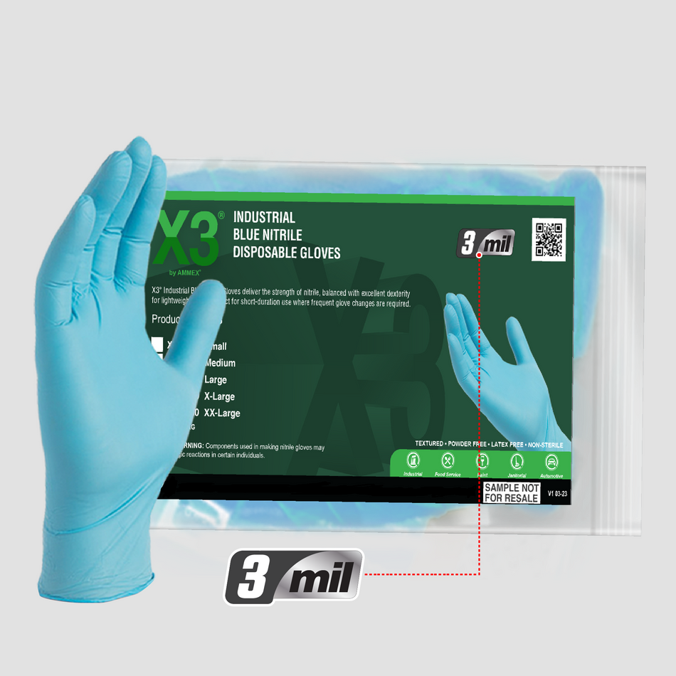 X3 3 mil Blue Nitrile Disposable Industrial Gloves - Sample Pack - X3