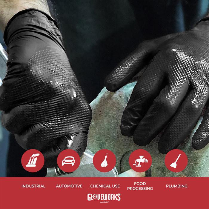 Gloveworks HD 6 mil. Black Nitrile Disposable Industrial Gloves with Raised Diamond Texture - GWBN