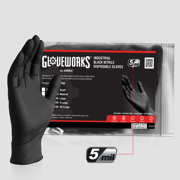 Gloveworks Black Nitrile Industrial Disposable Gloves 5 Mil Medium 100