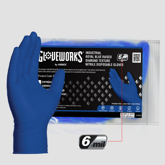 Gloveworks HD 6 mil Royal Blue Nitrile Disposable Industrial Gloves with Raised Diamond Texture - Sample Pack - GWRBN