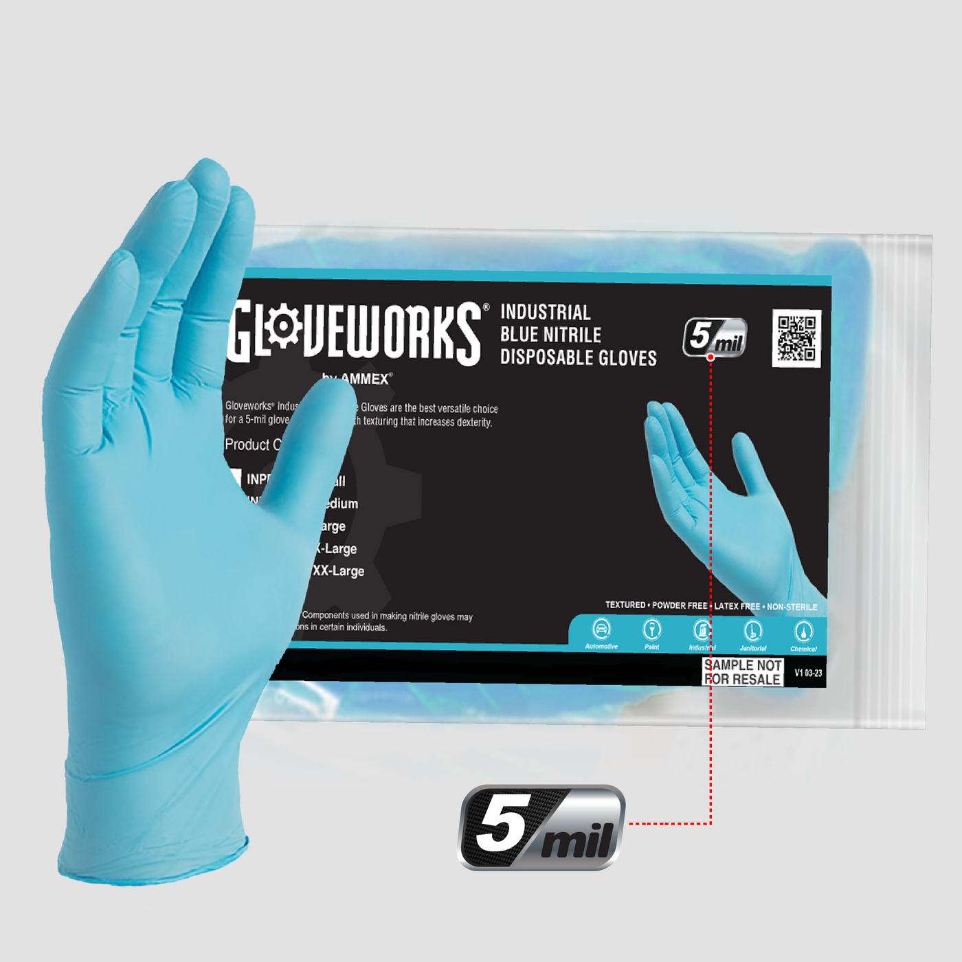 Gloveworks 5 mil Blue Industrial Nitrile Disposable Gloves Sample Pa
