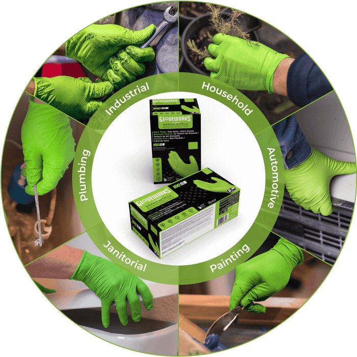 Gloveworks HD 8 mil. Green Nitrile Disposable Industrial Gloves with Raised Diamond Texture - GWGN