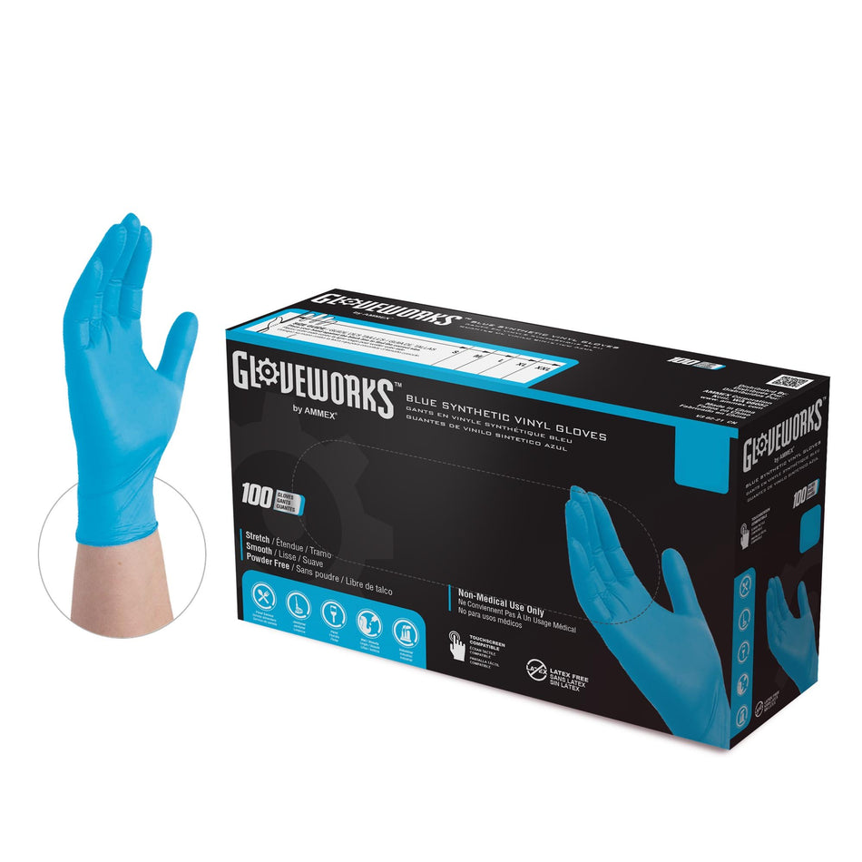 Gloveworks 3 mil. Blue Stretch Synthetic Vinyl Disposable Industrial Gloves - GWQIV