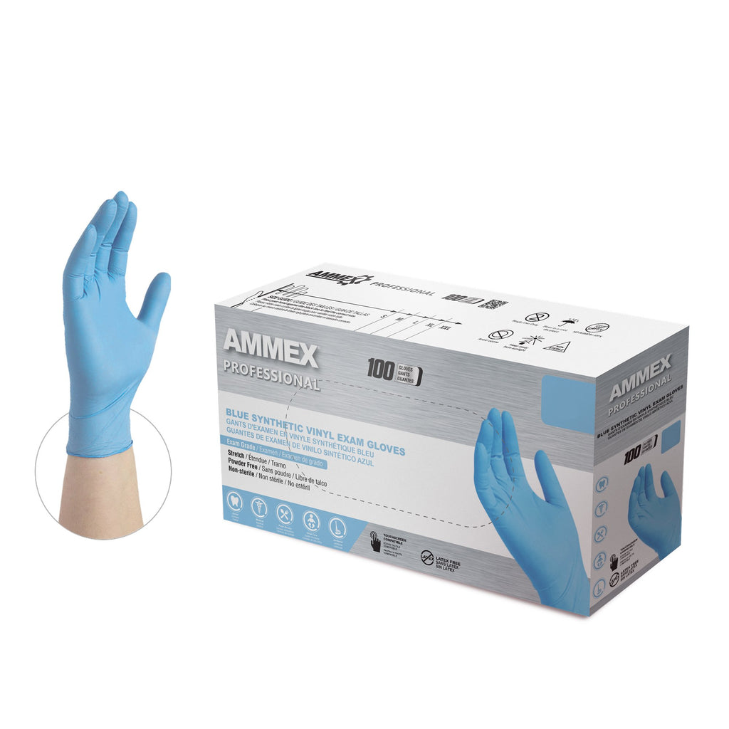 Ammex Synthetic Blue Vinyl Exam Gloves, mil, Latex Free, Powder