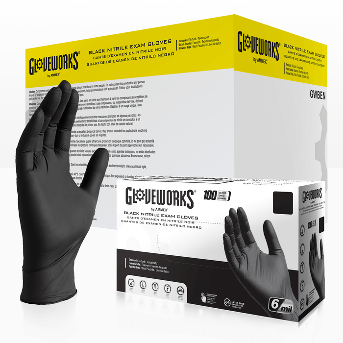 Gloveworks 6 mil. Black Nitrile Disposable Medical Gloves - GWBEN